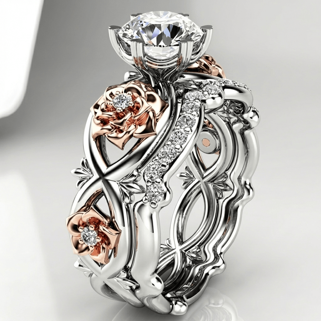 Silver Rose Gold Diamond Floral Ring by Rose & Oliver - product image 1