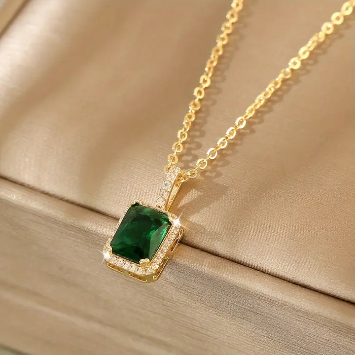 Gold Emerald Rectangular Halo Necklace by Rose & Oliver - product image 1